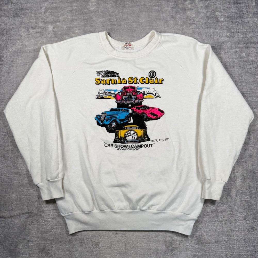 Vintage Car Show Sweatshirt Mens Large White Sarnia St Clair 80s Retro Crewneck